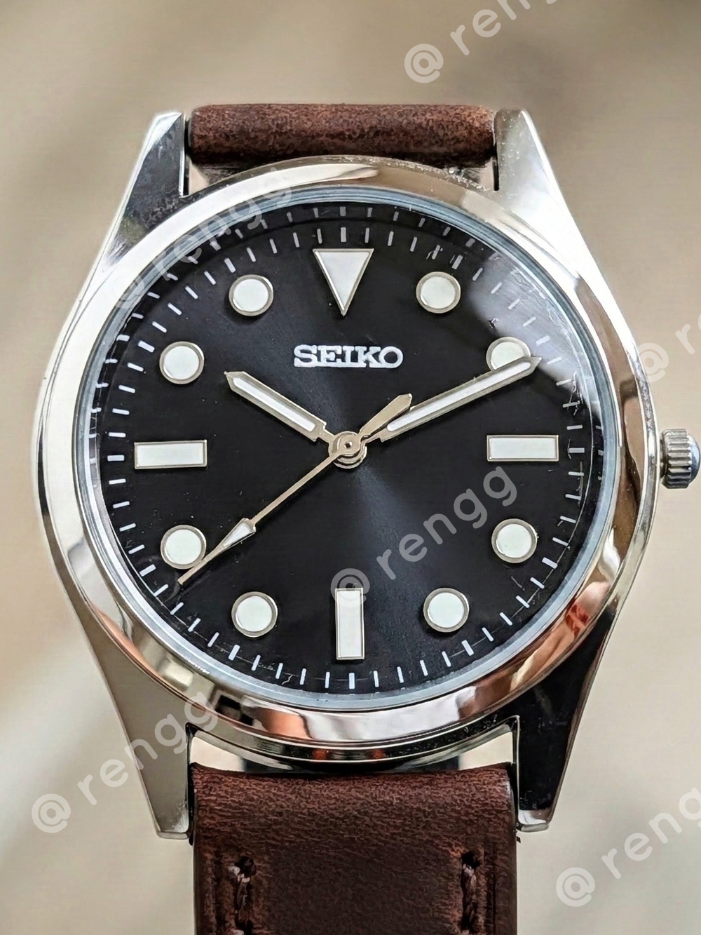 35.5mm Seiko Unisex Black Dial Brown Leather Simple Dress Watch